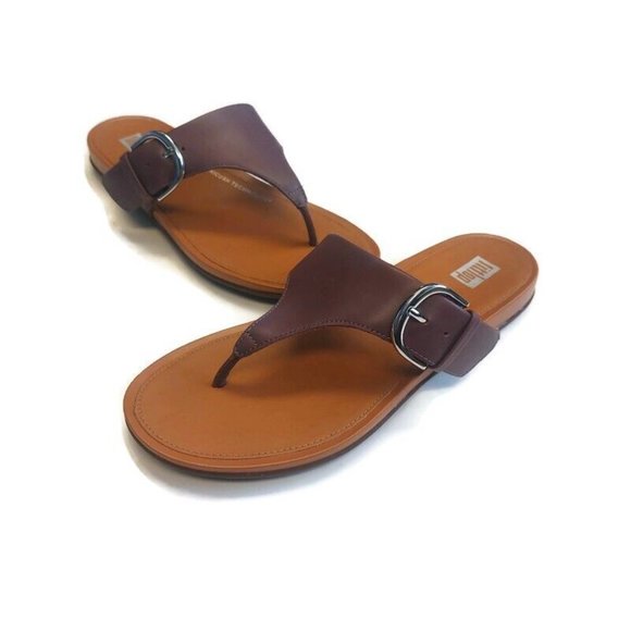 Fit Flop Graccie Womens Size 6 Slip On Toe Post Leather Sandals Eggplant Purple - Picture 4 of 9